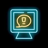 Neon sign showing computer displaying warning message on black background vector