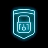 Neon cyber security shield protecting digital information with lock icon vector