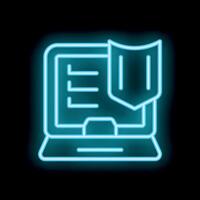 Neon icon of laptop displaying secured data protection shield vector