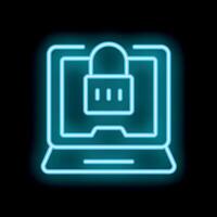 Neon cyber security icon showing laptop with padlock protecting data vector