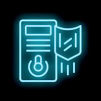 Neon blue icon of a server being protected by a firewall vector