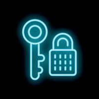 Neon key unlocking digital padlock on black background vector