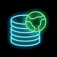 Neon icon of planet earth over database servers representing global network vector