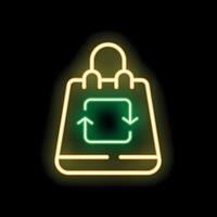 Neon sign of reusable shopping bag with recycle symbol on black background vector