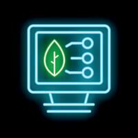 Glowing neon icon of green leaf on computer screen for green technology concept vector