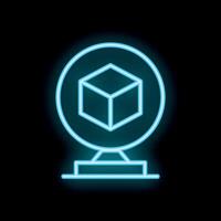 Blue neon sign showing a 3d cube in a circle on a stand on a black background vector