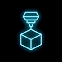 Neon glowing icon of a 3d printer creating a cube vector