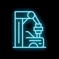 Neon sign of industrial robot arm picking up product from conveyor belt vector