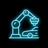 Blue neon icon of robotic arm assembling car in factory vector