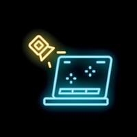 Neon icon of a flashlight pointing at a laptop screen representing data analysis vector