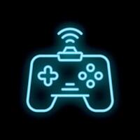 Neon icon of gamepad sending wireless signal on black background vector