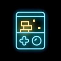 Neon game boy displaying pixelated game with buttons glowing vector