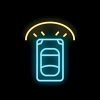 Neon sign showing car top view with alarm system on black background vector