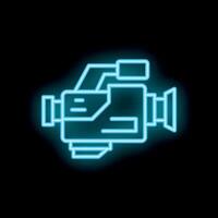 Neon camera shining on black background vector