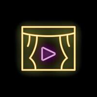 Neon icon of stage curtains opening with play button glowing brightly vector