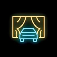 Neon icon of car unveiling event with stage curtains vector