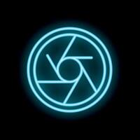 Neon blue camera shutter aperture icon glowing on black background vector