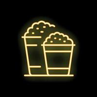 Neon sign of two sizes of popcorn in buckets glowing yellow on black background vector
