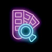 Neon magnifying glass examining color swatches for graphic design vector