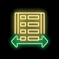 Neon icon of spreadsheet document with two green arrows pointing in opposite directions vector