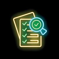 Neon icon of magnifying glass hovering over checklist representing quality control vector
