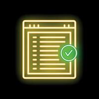 Neon glowing icon of a document with a check mark on a black background vector