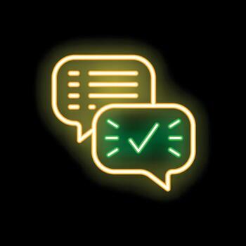 Neon icons showing chat message with check mark confirming delivery vector