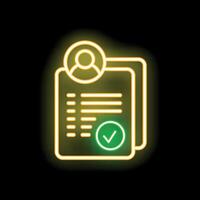 Neon icon of verified user profile with check mark on document vector