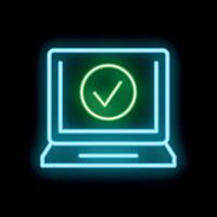 Neon laptop showing green check mark on black background vector