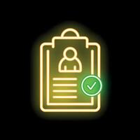 Neon icon of clipboard with candidate profile for job interview and green check mark vector