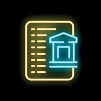Neon sign showing bank building on document representing financial report vector