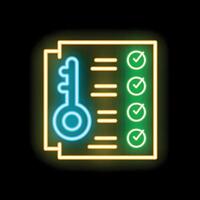 Neon icon of key unlocking a checklist representing problem solving vector