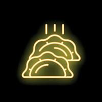 Neon icon of three dumplings falling on black background vector