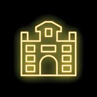 Bright yellow neon icon of a castle is glowing on a black background vector