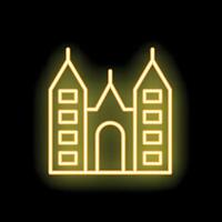 Neon yellow icon of medieval castle glowing on black background vector