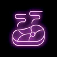 Glowing neon icon of cooked steak releasing steam on black background vector