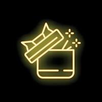 Neon icon of a surprise box opening with crown lid releasing sparkles vector