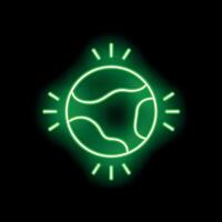 Green neon sign showing planet earth glowing on black background vector