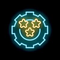Neon icon of gear with stars representing high quality work on black background vector