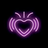 Vibrant purple neon heart beating with sound waves on black background vector
