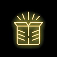 Open cardboard box shining with neon light on black background vector