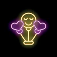 Neon lightbulb character embracing two hearts with a peaceful expression vector