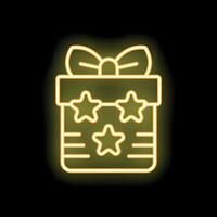 Neon yellow gift box with stars shining on black background vector