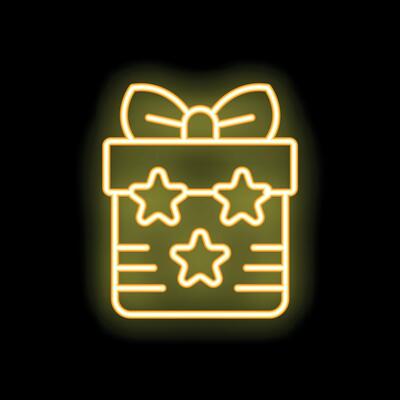 Neon yellow gift box with stars shining on black background