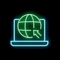 Neon green globe with cursor on laptop screen representing internet browsing vector