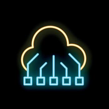 Neon cloud computing icon representing data storage and network connectivity vector