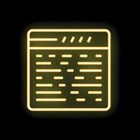 Yellow neon icon of website page with text on it is glowing on dark background vector