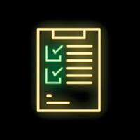 Neon clipboard showing check marks for test survey or checklist vector