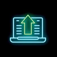 Neon green upload symbol appearing over laptop computer vector
