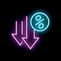 Neon sign showing percentage symbol with two down arrows on black background vector